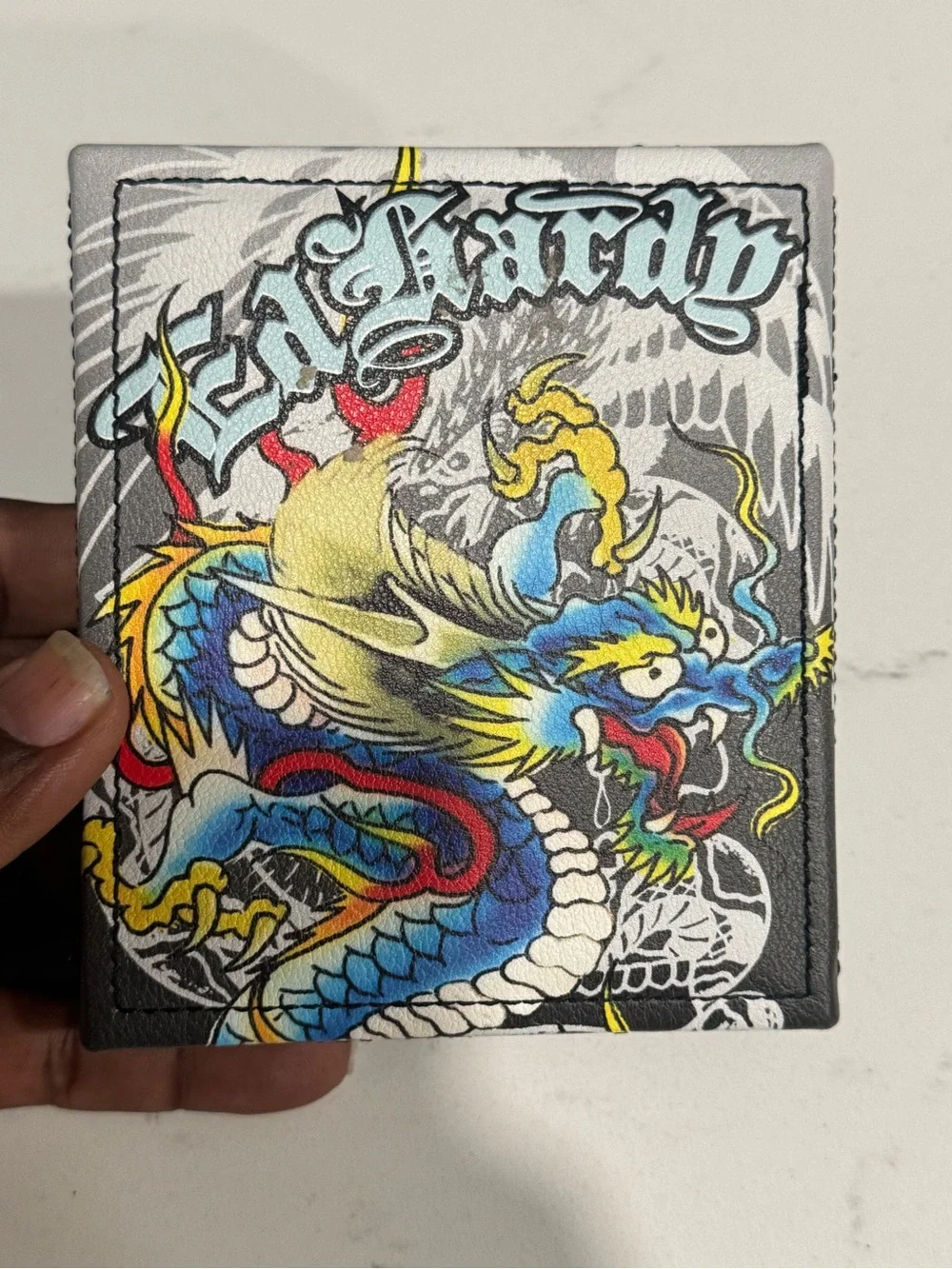 Ed Hardy Black Leather Wallet with Multicolor Dragon Art